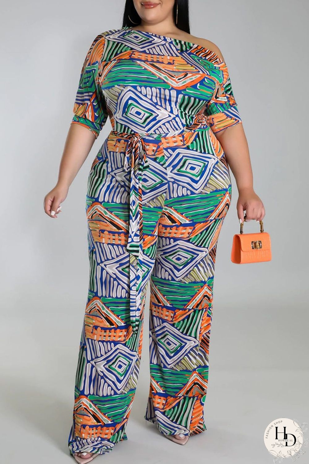 Black And White Fashion Casual Print Basic Oblique Collar Plus Size Jumpsuits