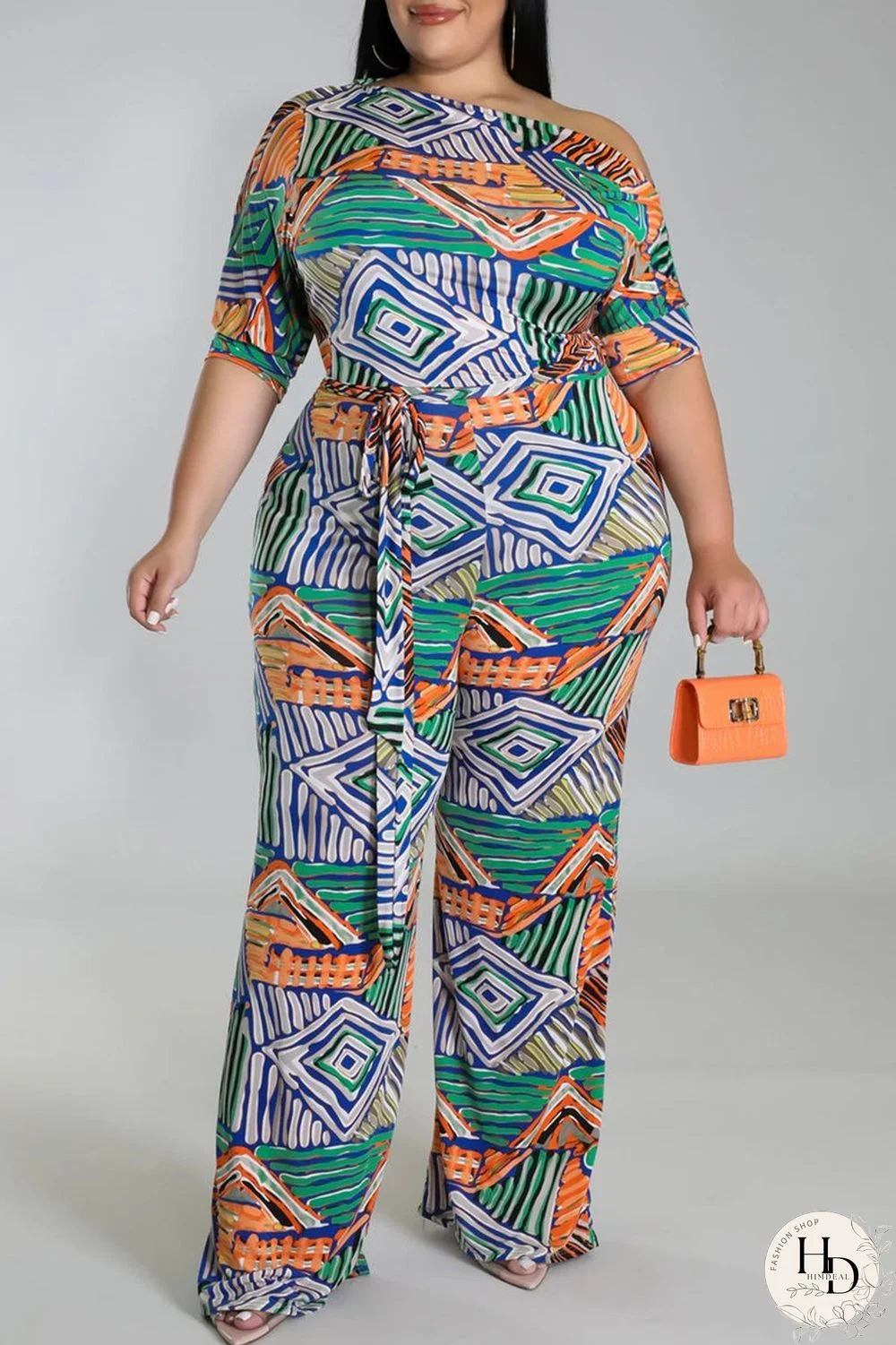 Black And White Fashion Casual Print Basic Oblique Collar Plus Size Jumpsuits