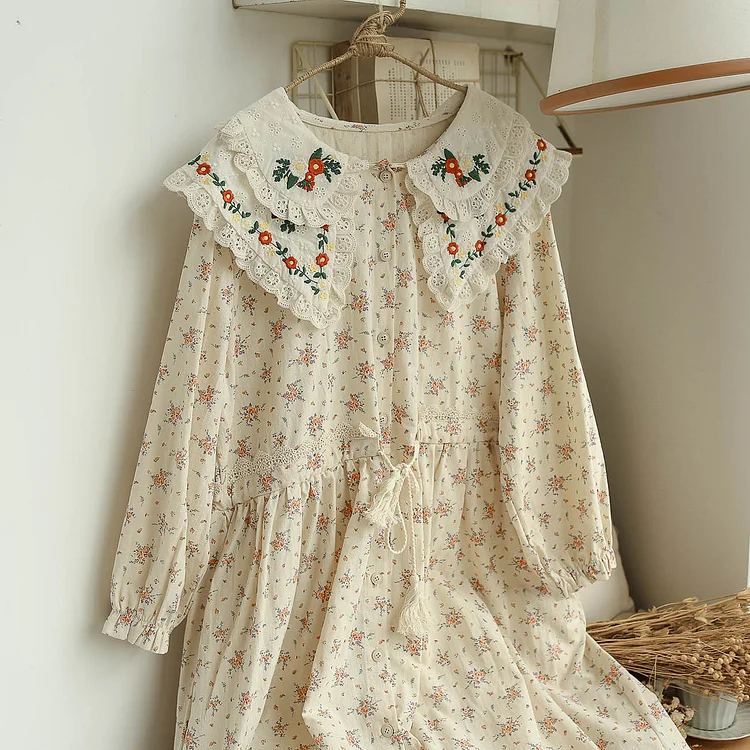 Queenfunky cottagecore style Double-Layered Embroidered Collar Dress QueenFunky