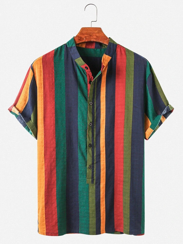 Men's Fashion Stand Collar Rainbow Striped Short Sleeve Shirt