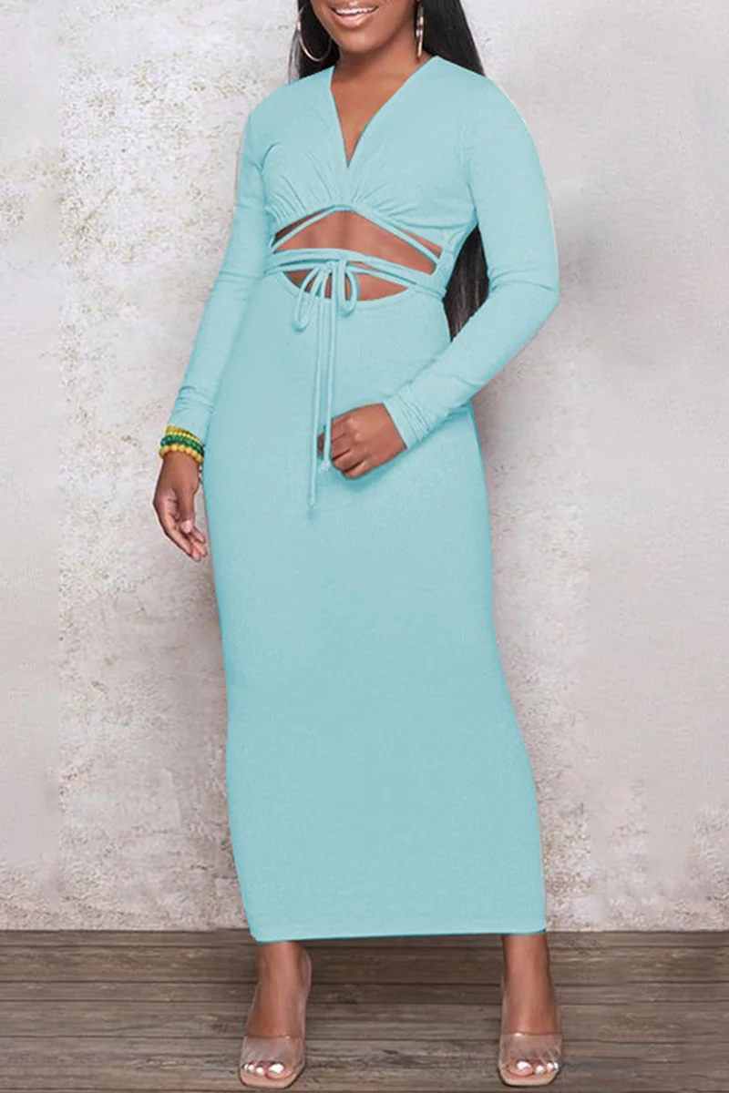 Light Blue Fashion Casual Solid Leopard Bandage Hollowed Out V Neck Long Sleeve Dresses | EGEMISS