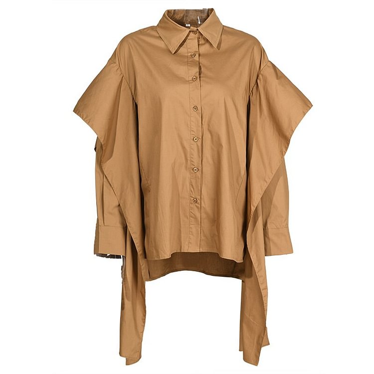 Design Loose Solid Color Lapel Irregular Patchwork Ruffles Long Sleeve Shirt 
