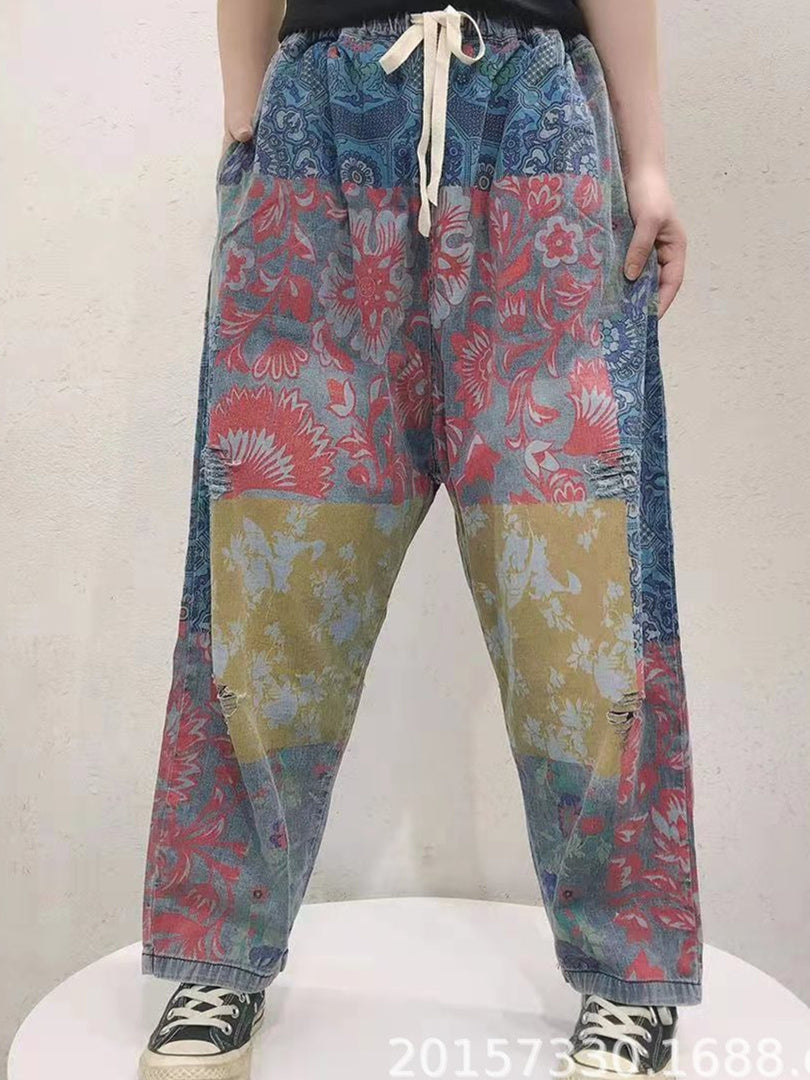 Women's Floral Printed Casual Wide Leg Ripped Denim Cropped Pants