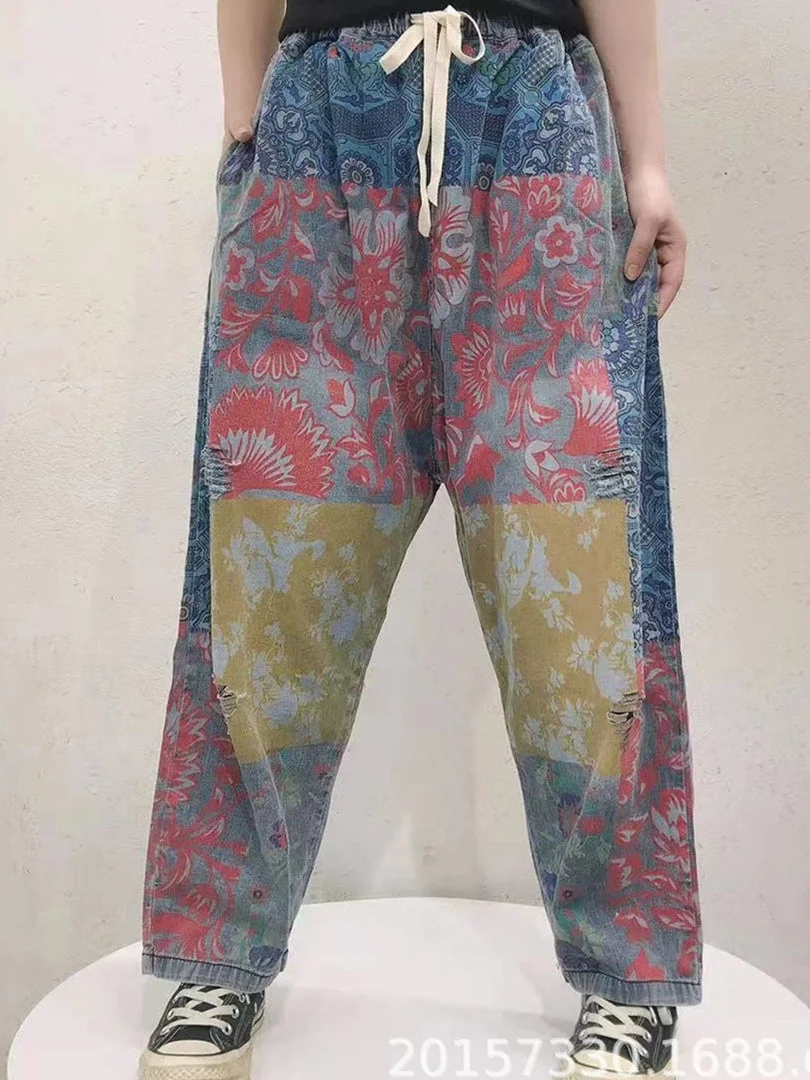 Women's Floral Printed Casual Wide Leg Ripped Denim Cropped Pants