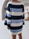 Off-The-Shoulder Contrast Color Striped Loose Long Sleeve Sweater Mini Dress