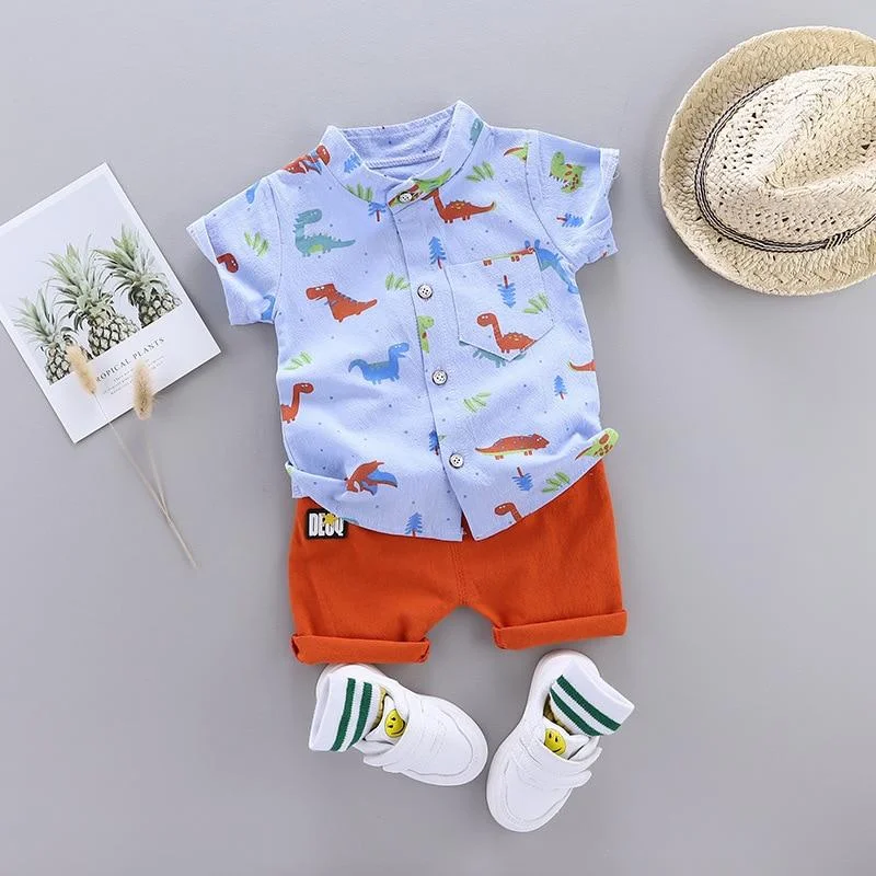 Cute Baby Boy Clothes Summer Set 2021 New Cartoon Dinosaur Print Short Sleeve Shirt + Pants for 1 2 3 4 Years Kid Toddler Outfit