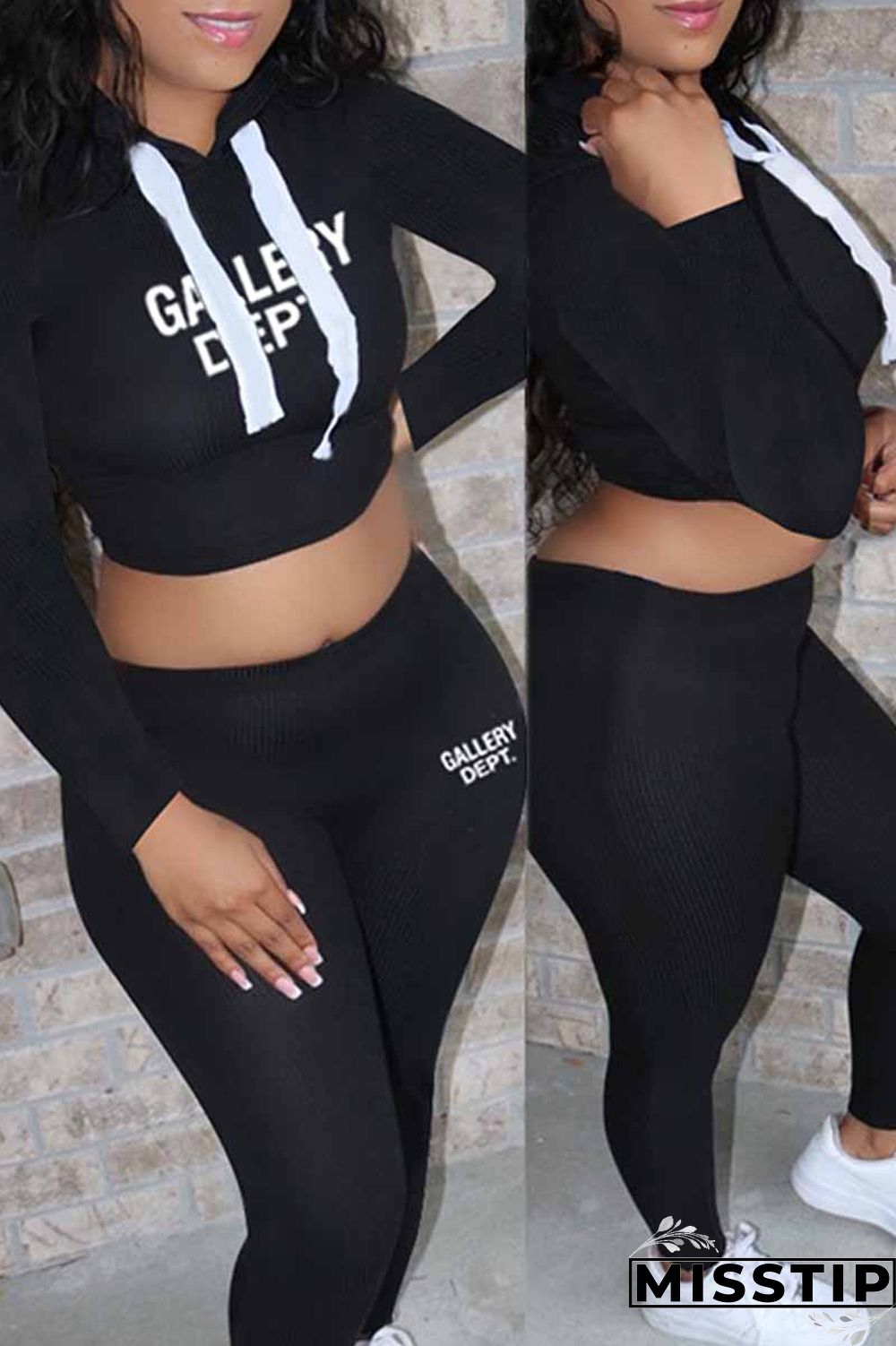 Brown Casual Print Letter Hooded Collar Long Sleeve Two Pieces