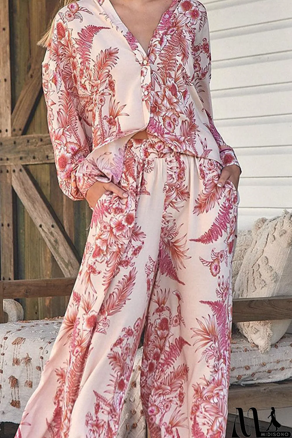 MidiSono - Casual Print Pocket Turndown Collar Long Sleeve Two Pieces