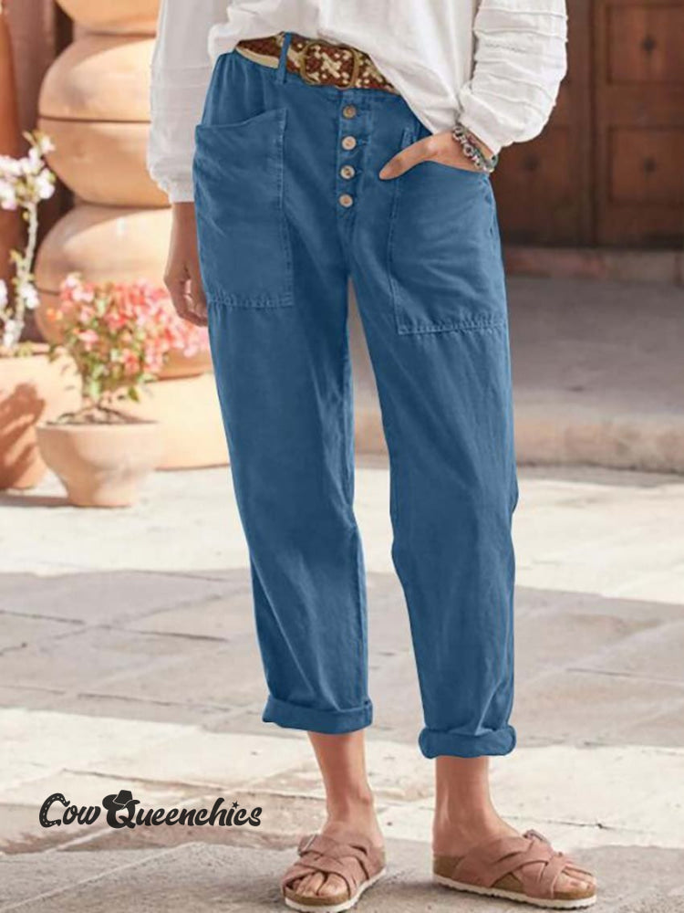 Breasted Cotton Hemp Loose Casual Pants Blue / S