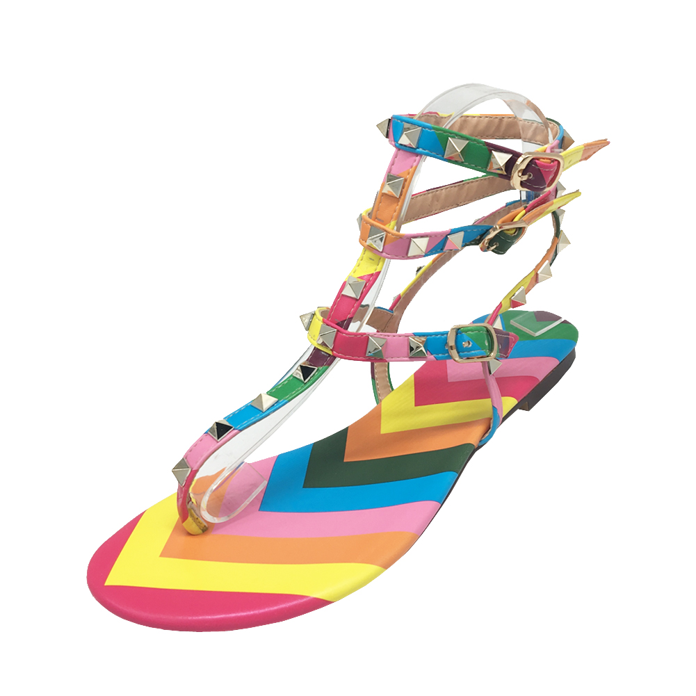 Women's Studded  T-Strap Strappy  Thong  Flats Sandals-vocosishoes