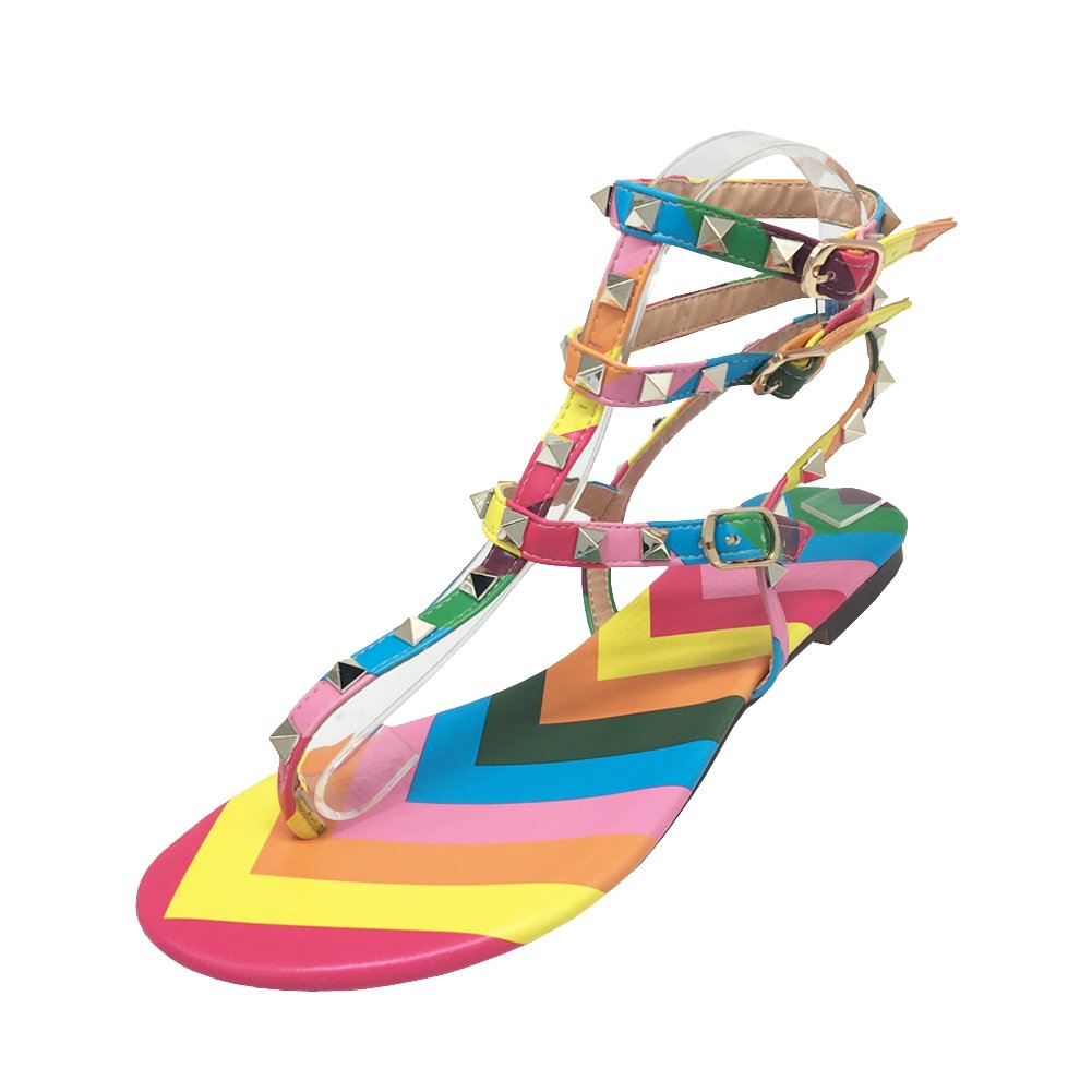 Women's Studded  T-Strap Strappy  Thong  Flats Sandals-vocosishoes