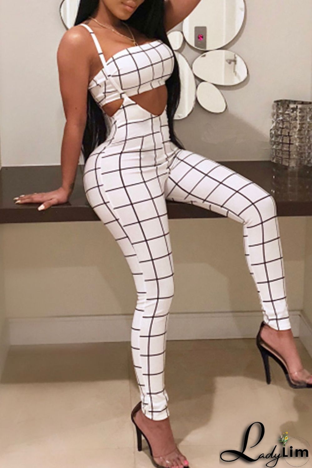 Deep Blue Sexy Plaid Print Split Joint Spaghetti Strap Sleeveless Two Pieces