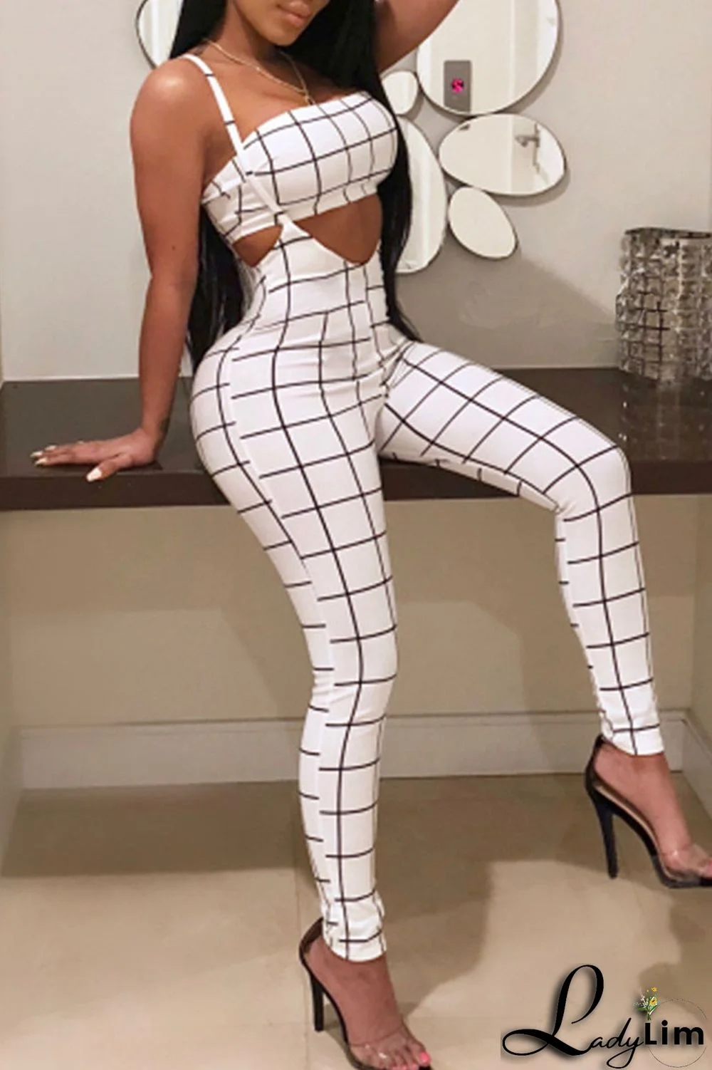 Deep Blue Sexy Plaid Print Split Joint Spaghetti Strap Sleeveless Two Pieces