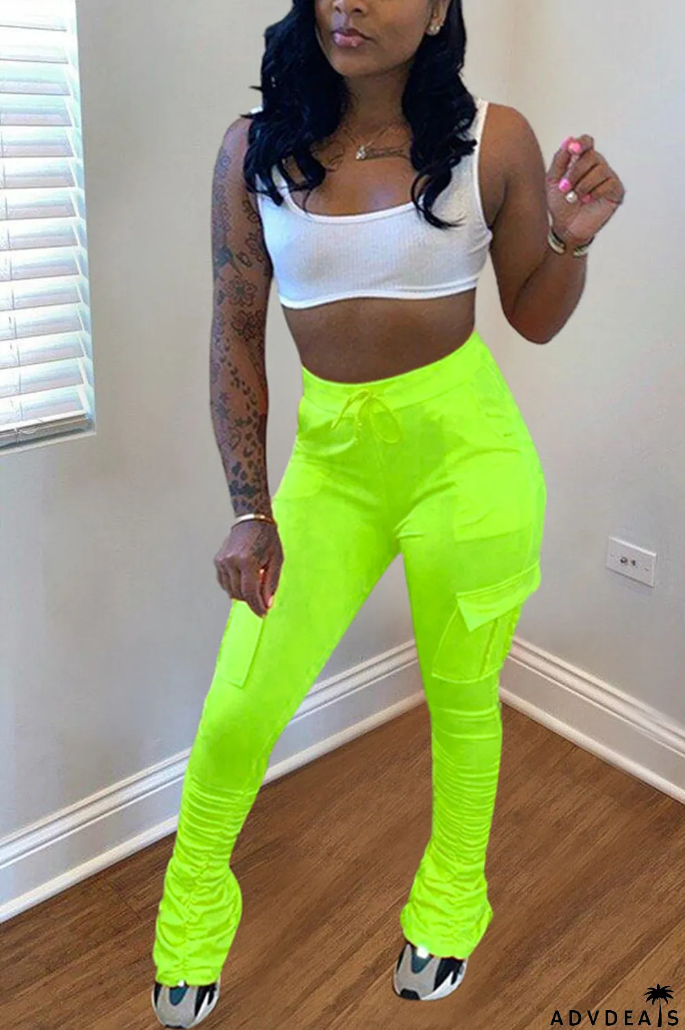 Orange Drawstring High Solid Pocket Draped Boot Cut Pants Bottoms