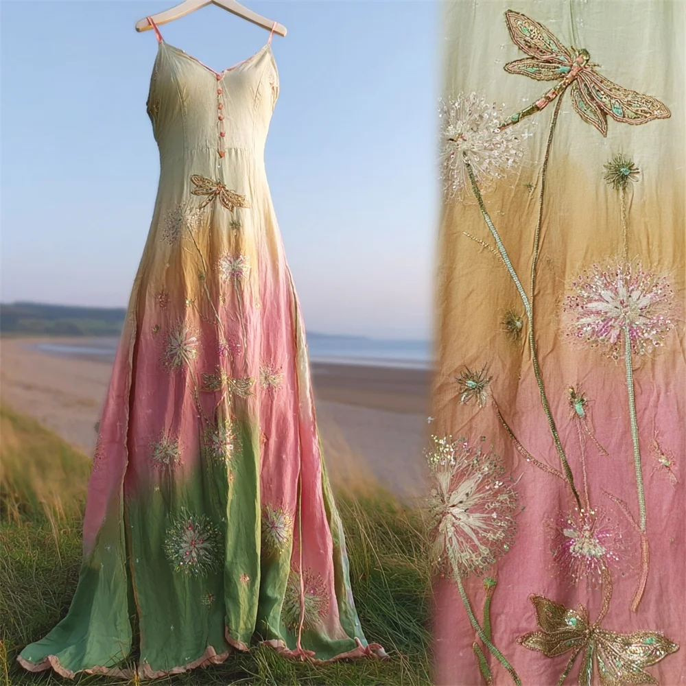 Gradient Boho Dragonfly & Dandelion Embroidery Women's Spaghetti Strap Maxi Dress