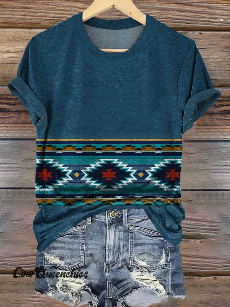 Simple Blue Aztec Print Casual T-Shirt Blue / S