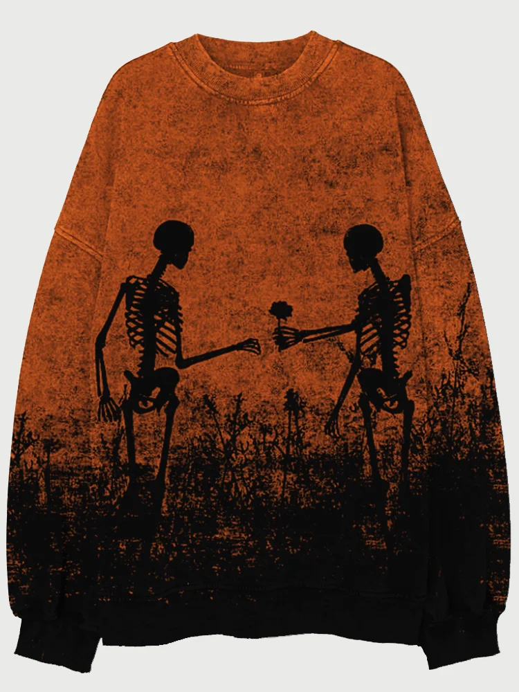 Broswear Halloween Couple Skeleton Graphic Washed Sweatshirt