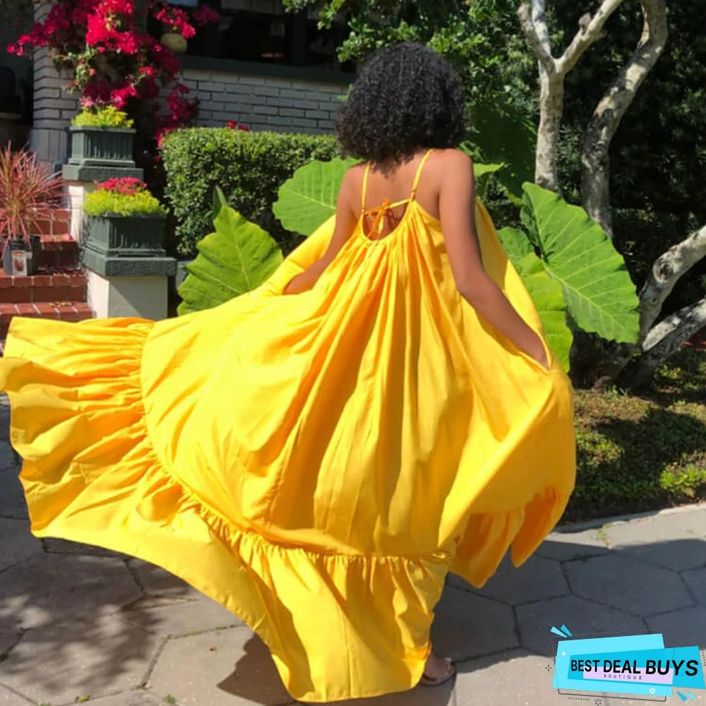 Plus Size Spaghetti Strap Ruffle Beach Maxi Swing Dresses