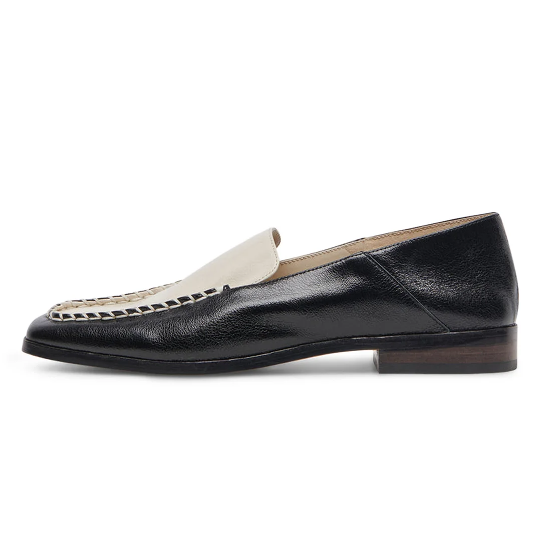 Black & White Vegan Leather Square Toe Stitched Women's Flat Loafers