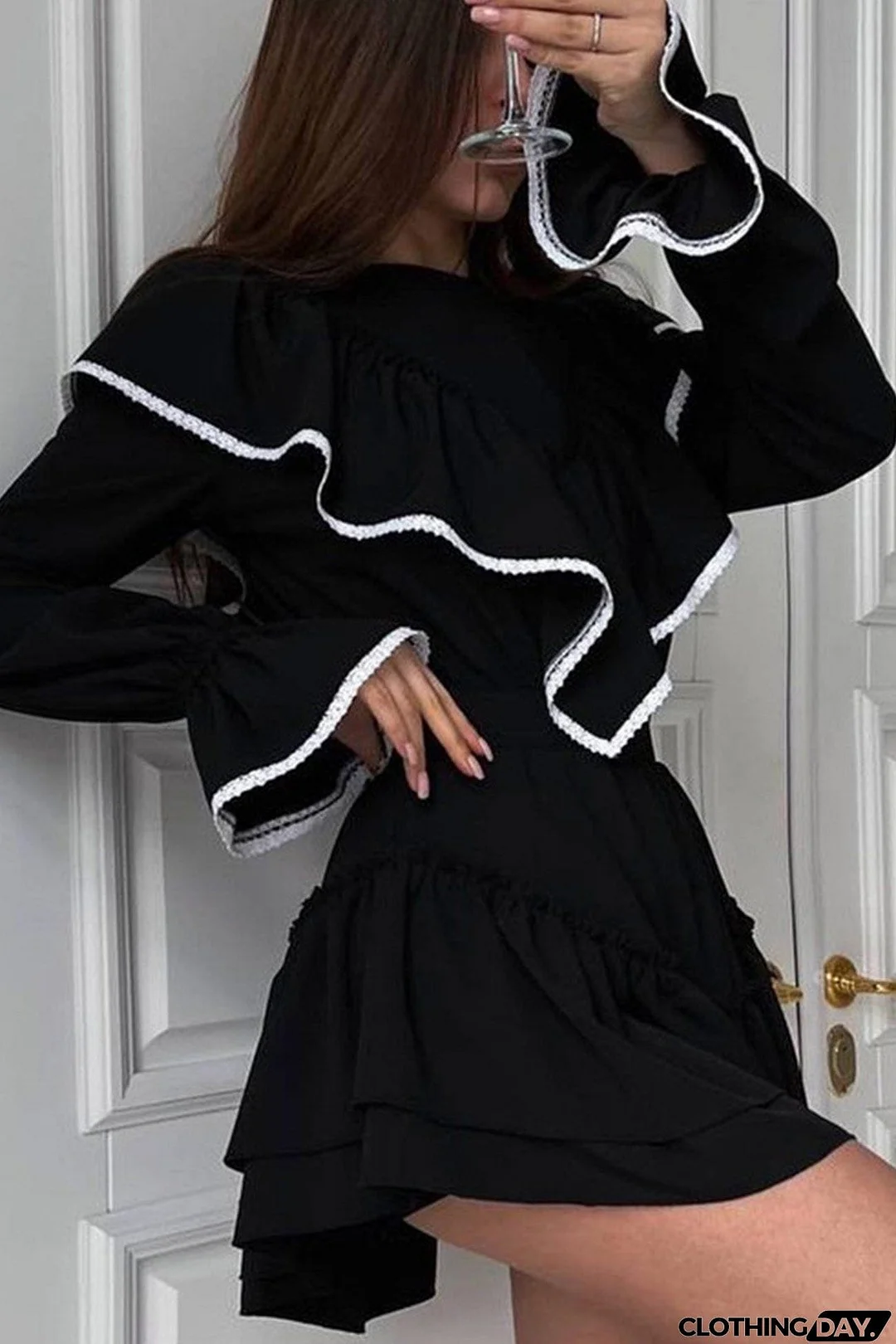 Lacework Ruffle Neck A-line Dress
