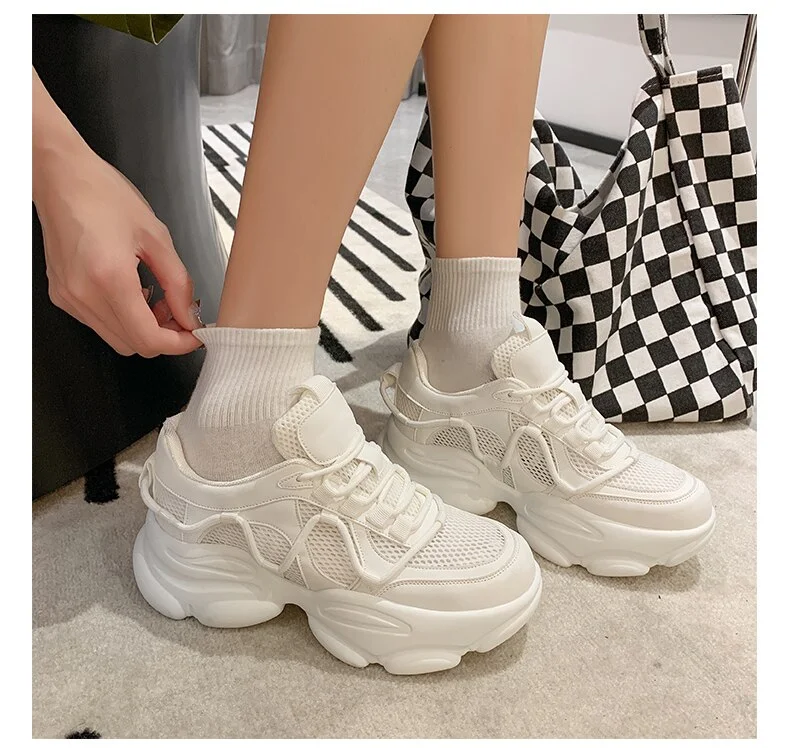 Qengg Women Shoes Breathable Mesh Sports Casual Shoes Woman 2020 Autumn Solid Lace-up Wedges Plaform Shoes Women Sneakers