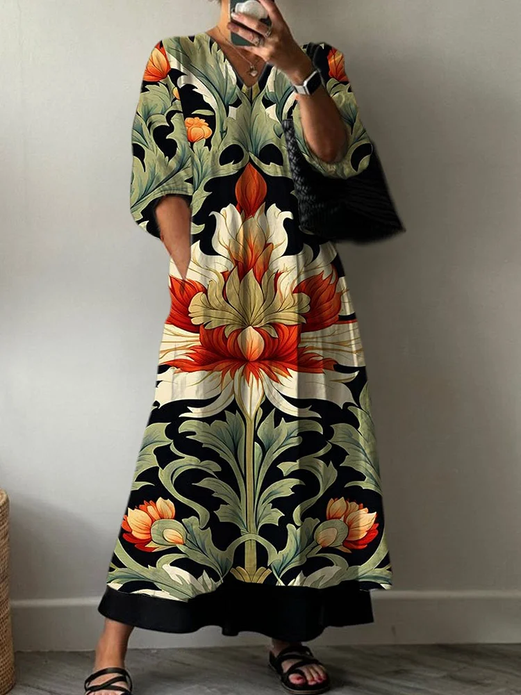 Women's Vintage Floral Print Pocket V-neck Cotton Dress