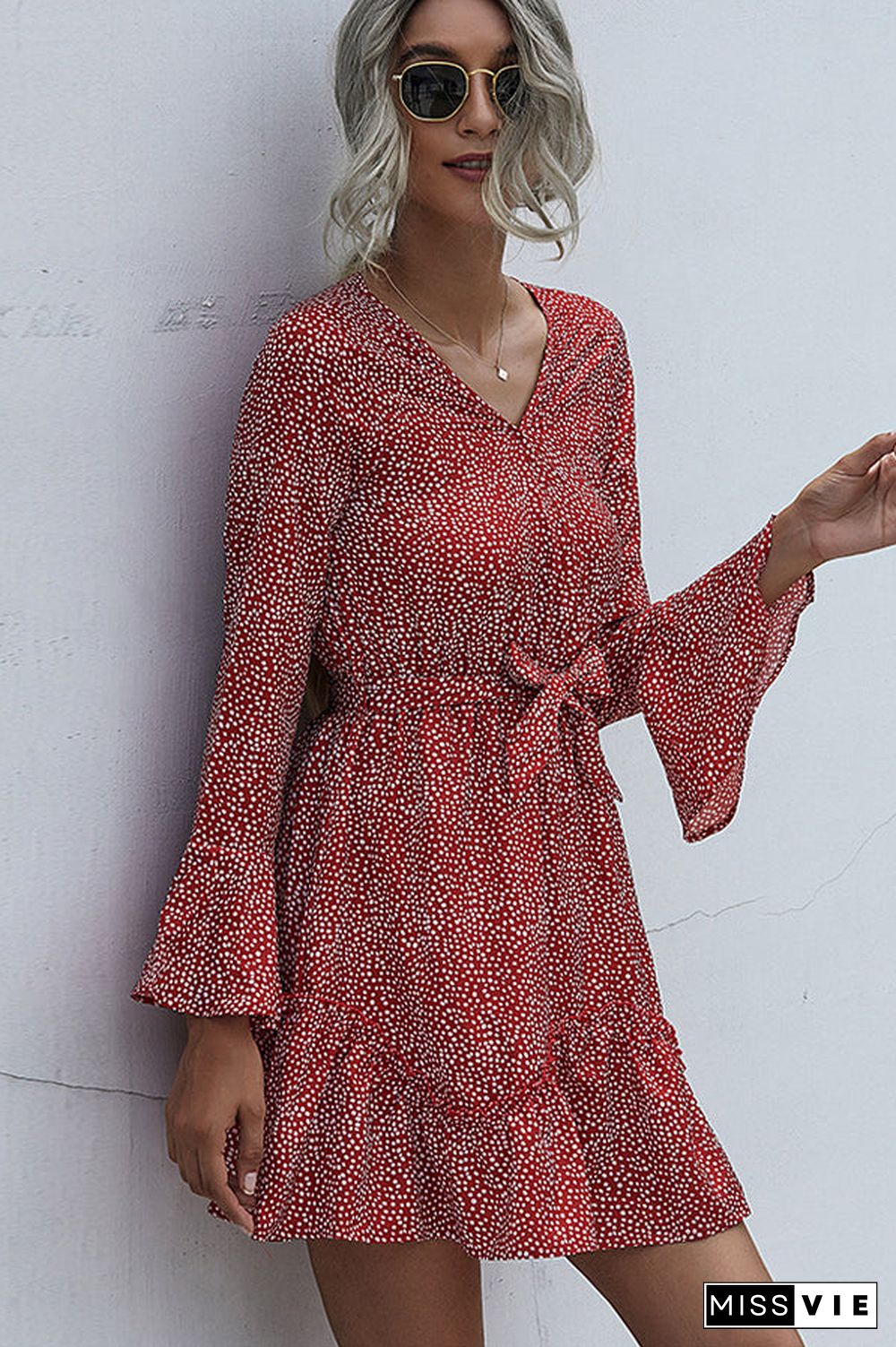Polka Dot Print V Neck Tie Waist Casual Dress