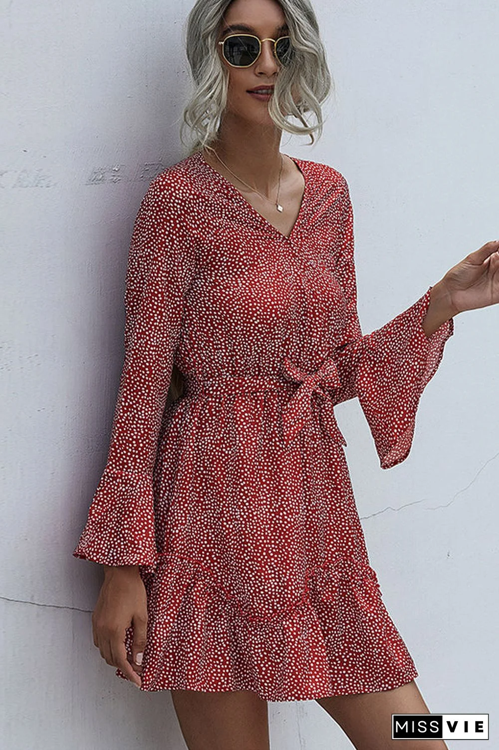 Polka Dot Print V Neck Tie Waist Casual Dress