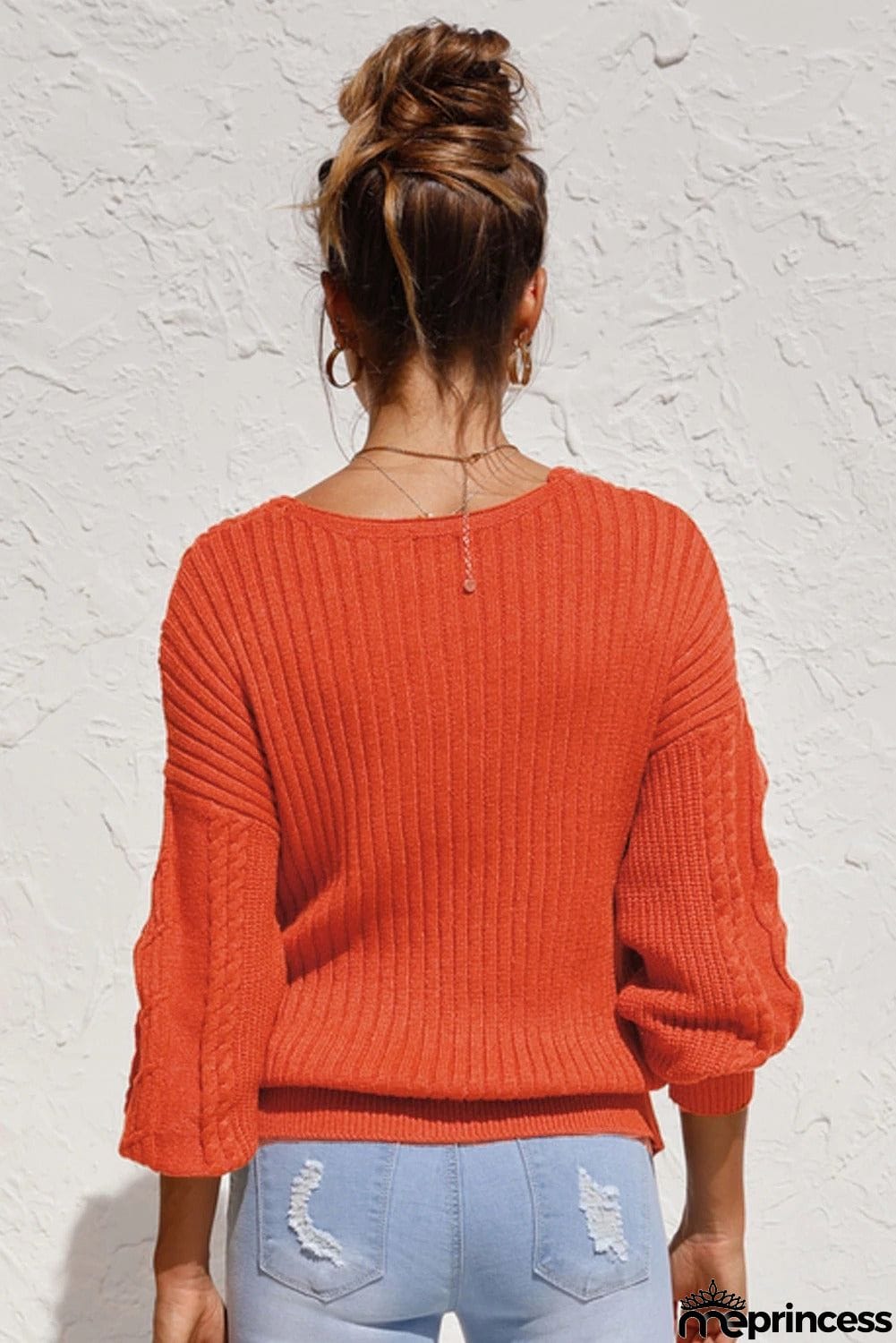 Beige Wrap V Neck Lantern Sleeve Textured Sweater