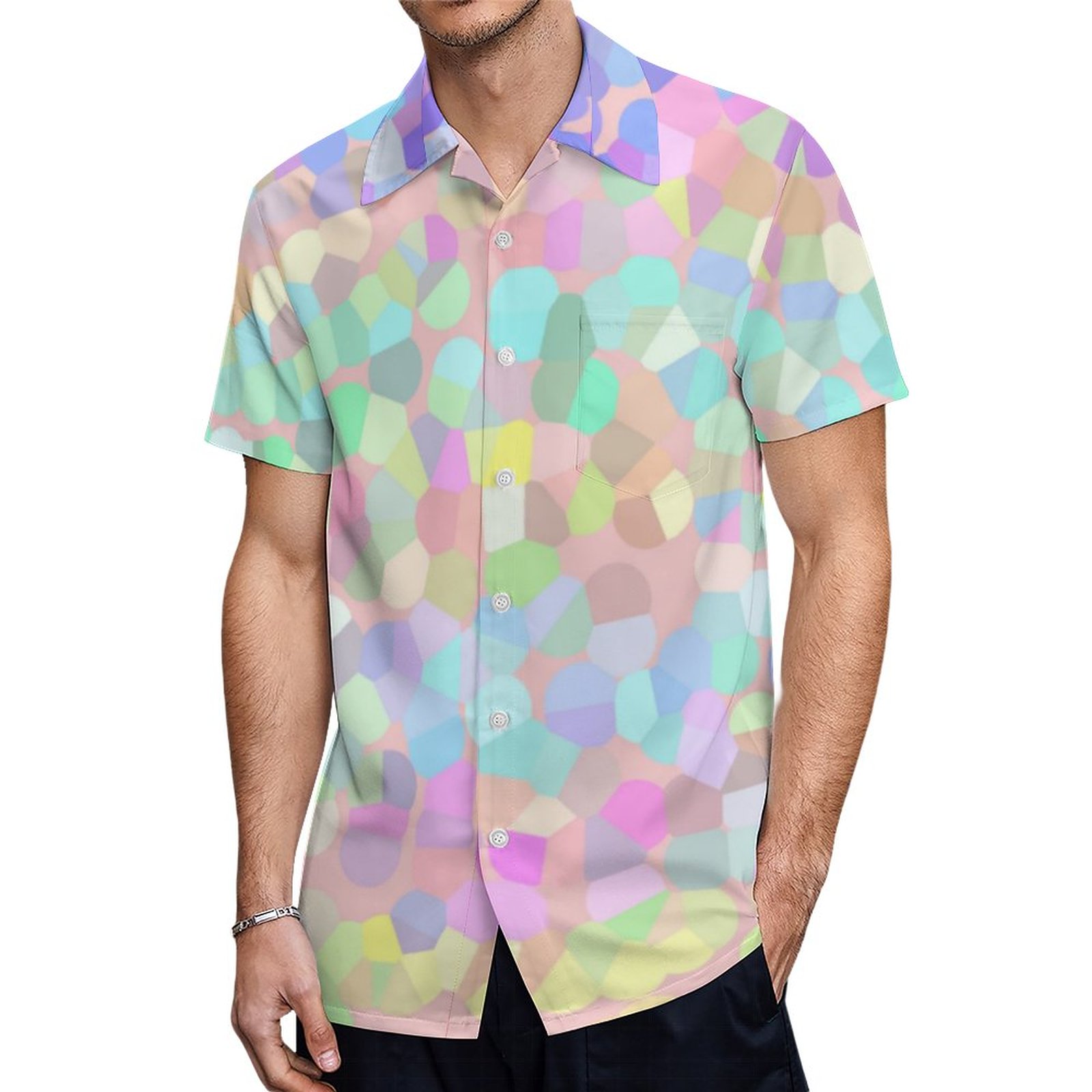 Blue Yellow Pink Green Pastel Mosaic Abstract Hawaiian Shirt Mens Button Down Tropical Hawaii Beach Shirts