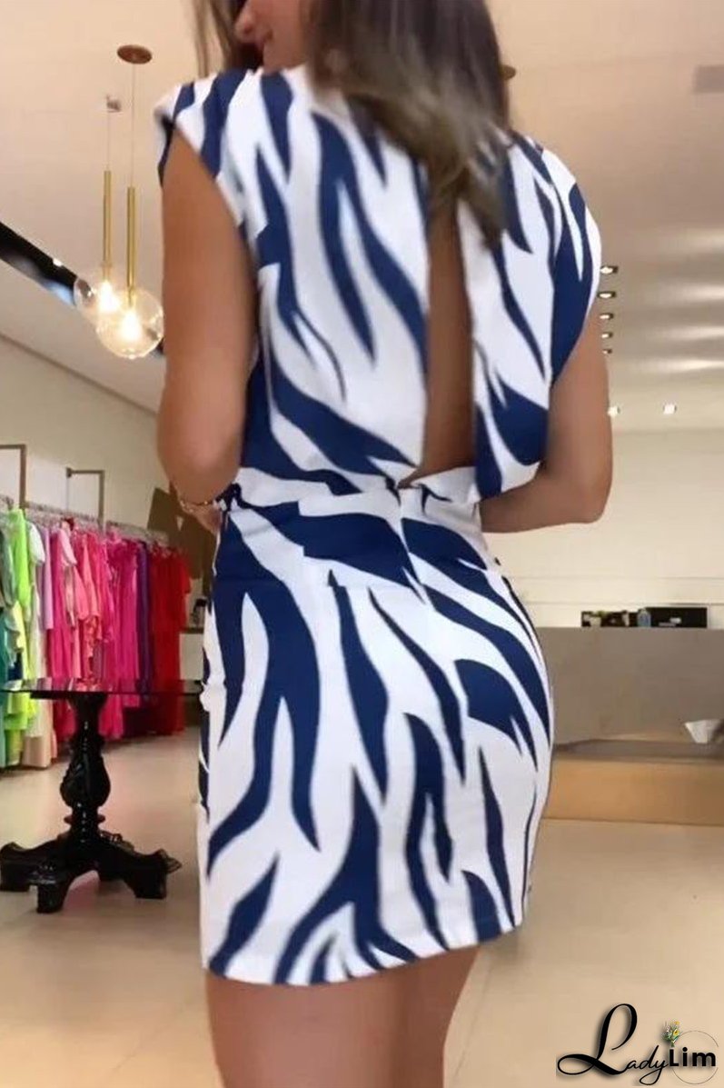 Elegant Geometric Print Backless Half A Turtleneck Wrapped Skirt Dresses