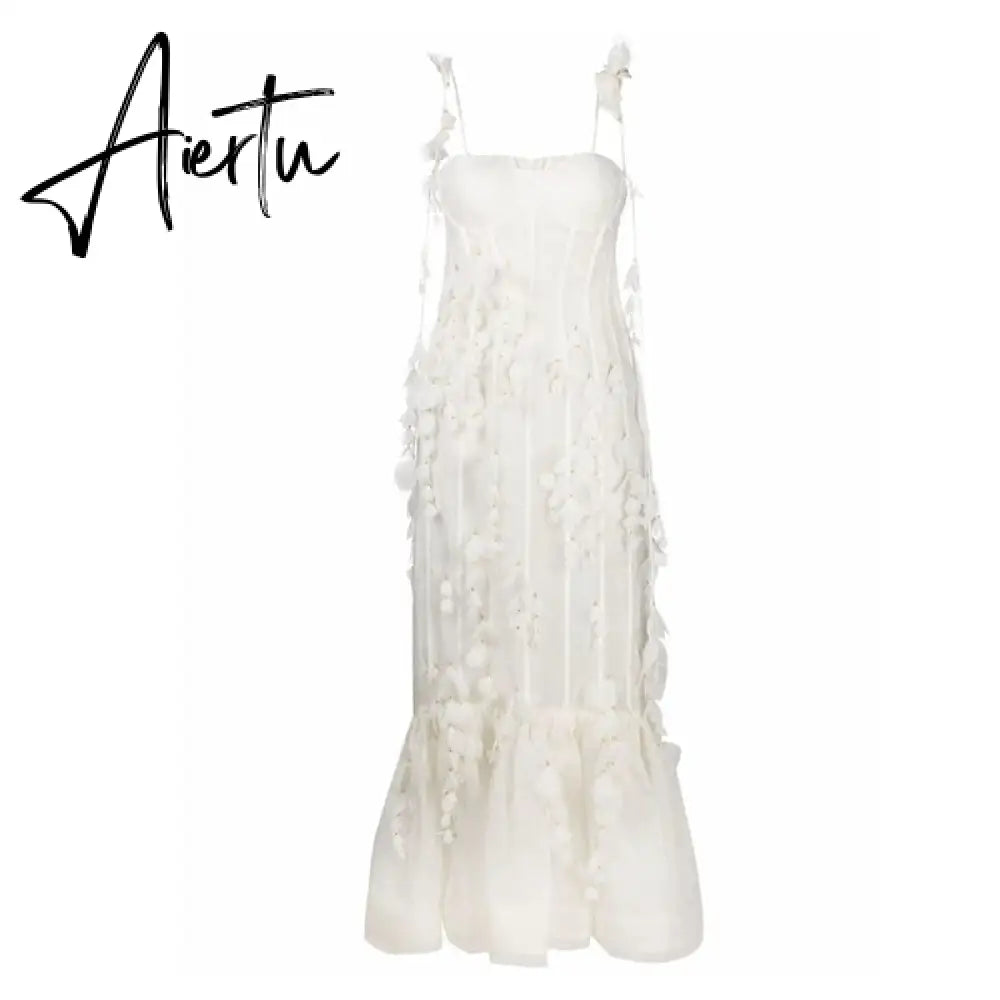 Party Dresses White Pretty Elegant Mermaid Prom Spaghetti Strap Sleeveless 3D Flowers With Chest Pad Appliques Women Dress Made Aiertu