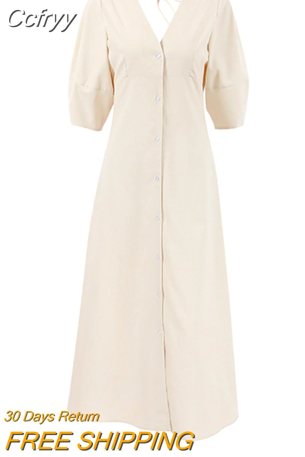 Huibahe Elegant Beige Women Linen Dress Puff Sleeve Long Backless Button Dress Ladies V-Neck Cotton Dresses Soft Summer 2023