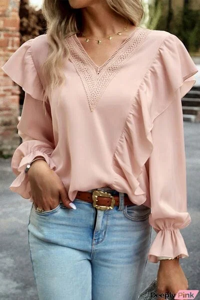 Crochet V-Neck Ruffle Trim Blouse