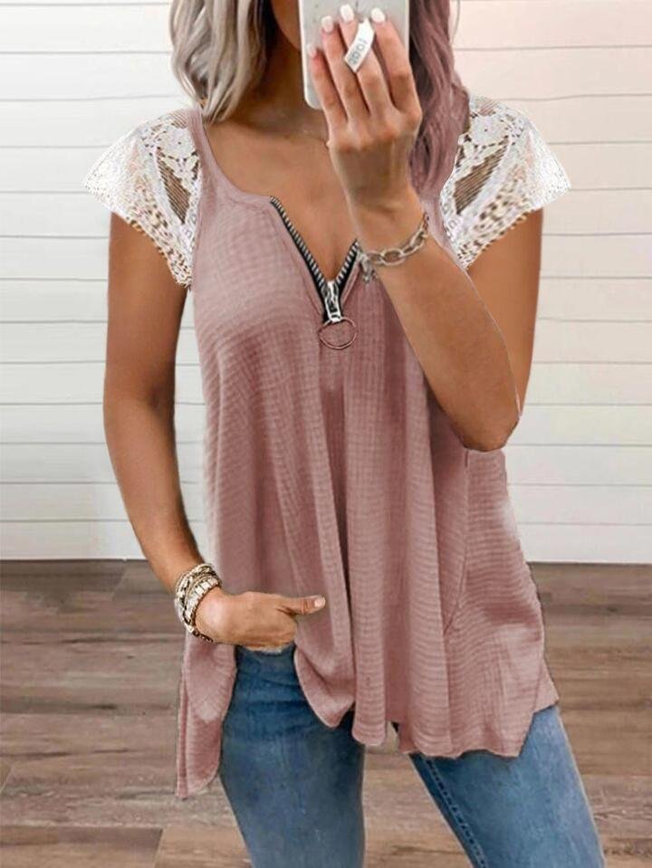 Casual Lace Stitching V-Neck Short-Sleeved Top