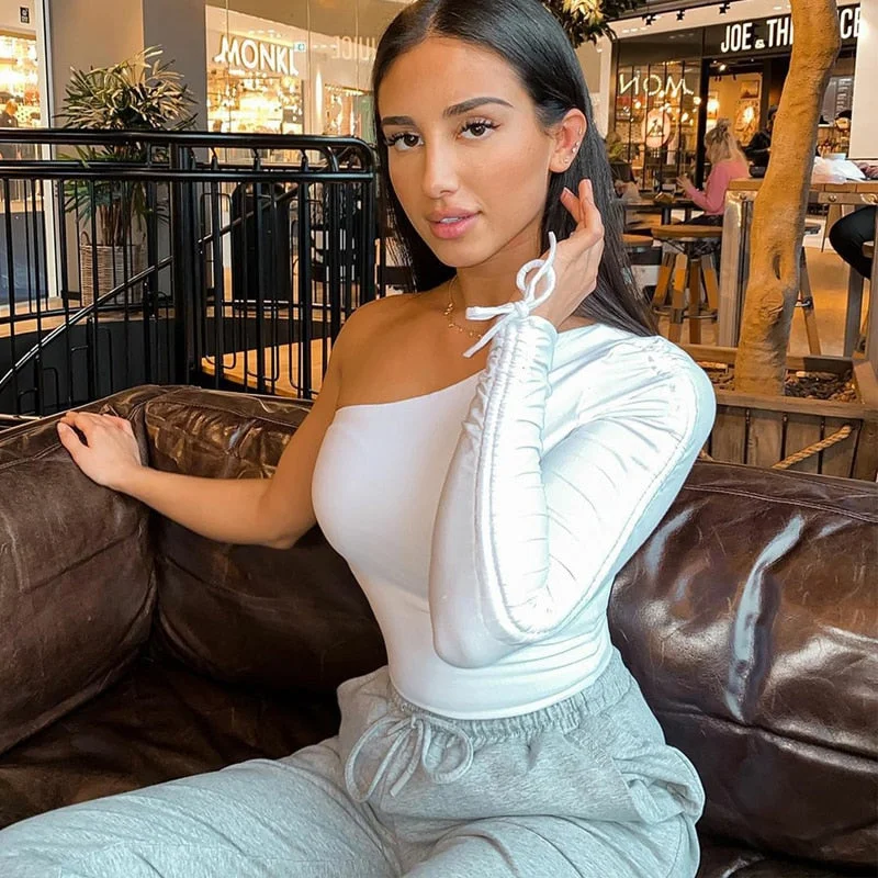 Dulzura drawstring ruched women t shirt crop top one shoulder bodycon sexy streetwear party club elegant autumn winter clothes