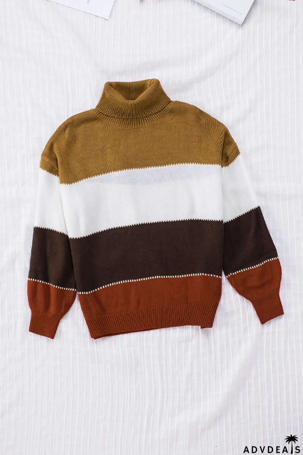 Orange Accent Color Block Turtleneck Chunky Knit Sweater
