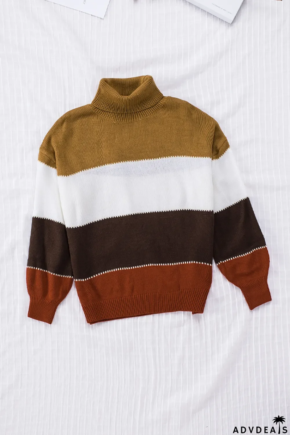 Orange Accent Color Block Turtleneck Chunky Knit Sweater