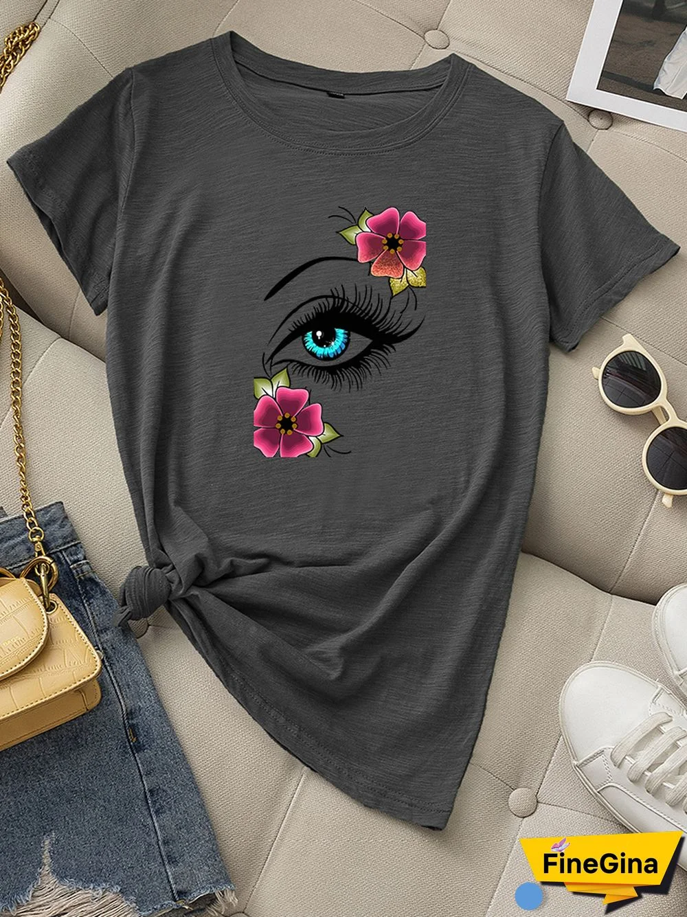 Casual Summer Daily T-shirt Women 100% Cotton Short Sleeve Rose Eye Print Female Graphic Fashion T Shirt Ladies O-Neck Tees Tops