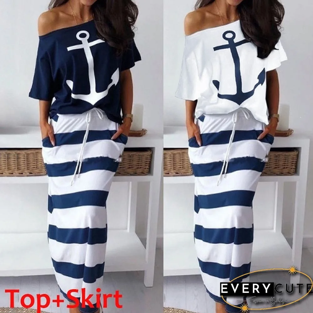 Fashion Women Anchor Pattern Off Shoulder T-Shirt & Striped Maxi Skirt Sets Two Pieces Dress Plus Size