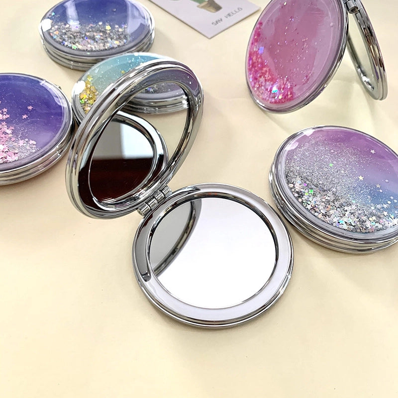 Girl Heart Pink Quicksand Small Mirror Portable Double-sided Folding Mirror Round Boys Makeup Mirror
