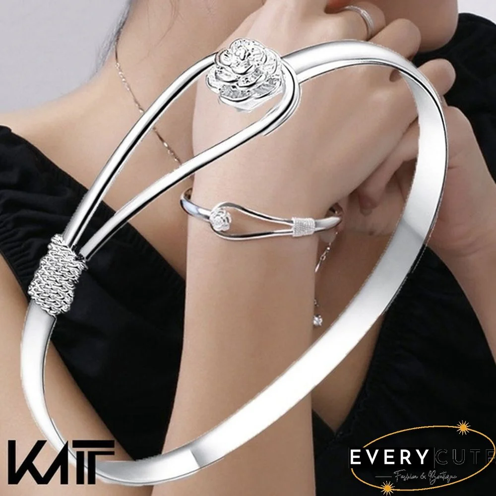 New Hot Fine 925 Sterling Silver Thick Polish Fashion Sakura Charm Net Cuff Jewelry Bracelet Bangle (Color: Silver)