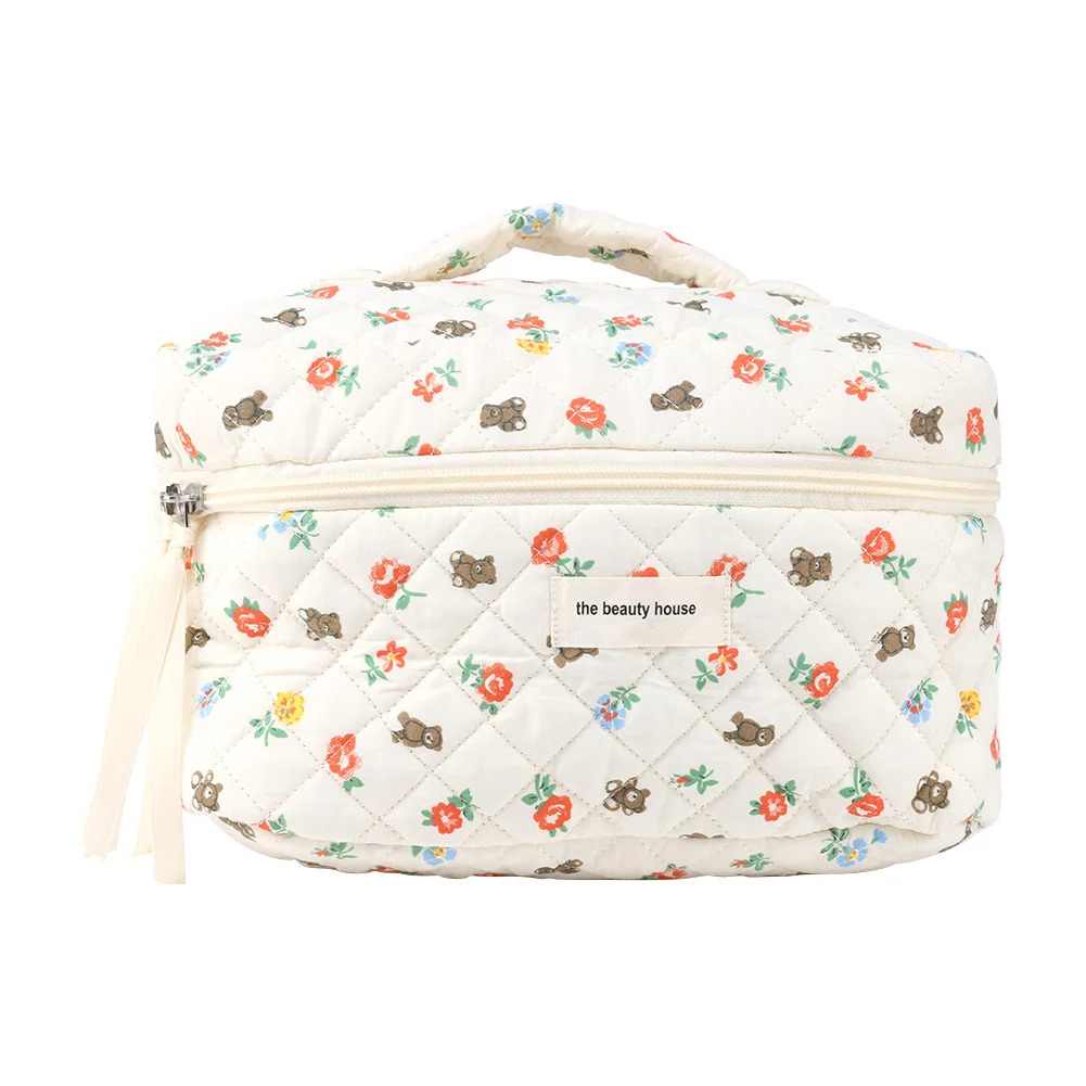 Cotton Cosmetic Bag Cute Floral Bear Cartoon Travel Organizer Zipper Make Up Bag
