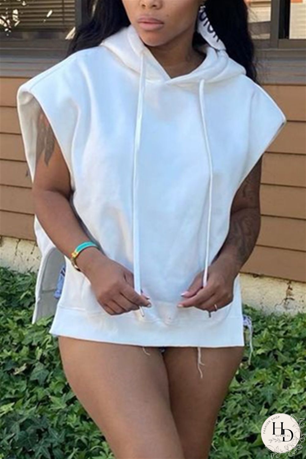 Black Casual Simplicity Solid Draw String Slit Hooded Collar Tops