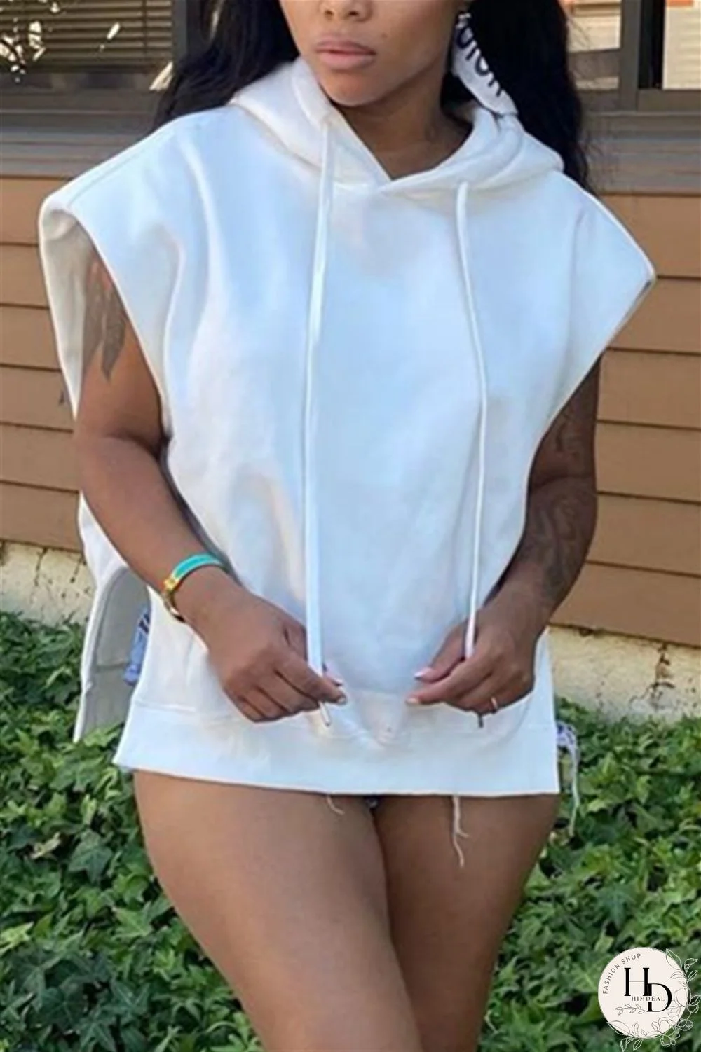 Black Casual Simplicity Solid Draw String Slit Hooded Collar Tops