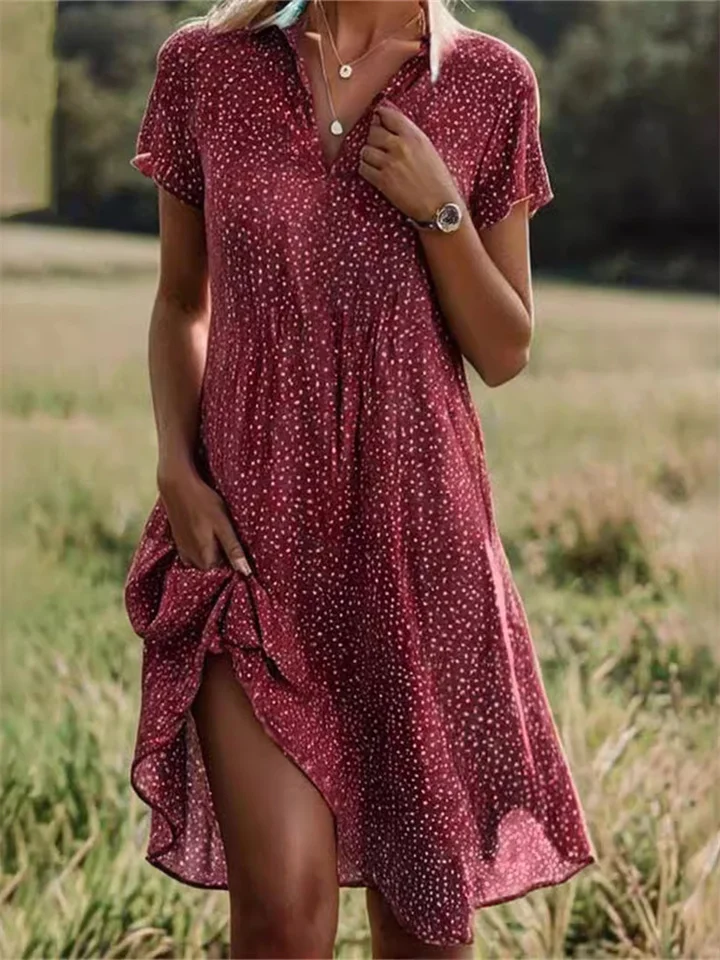 New Women's Summer Long Dress Casual Loose V-neck Short-sleeved Printed Polka Dot Shirt Dresses-JRSEE