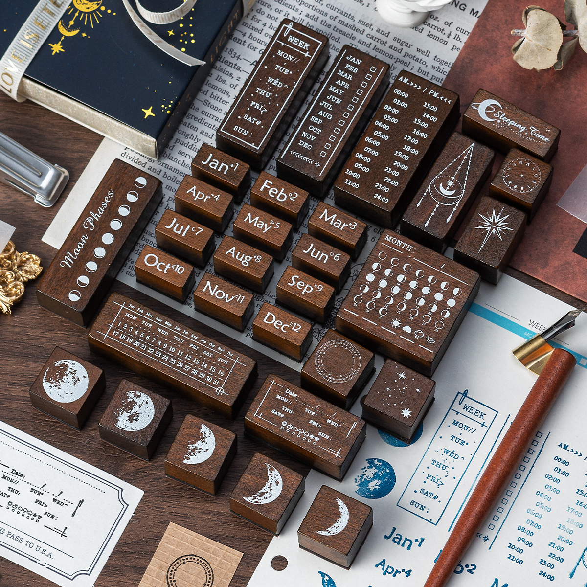 나무 스탬프 - 달의 위상 별 시리즈 빈티지 타임 문