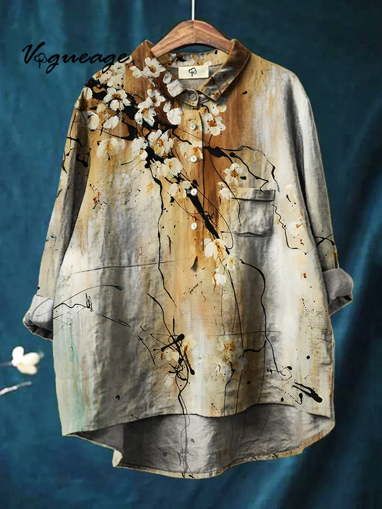 Classical Art Ink Painting Plum Blossom Printed Cotton And Linen Shirt