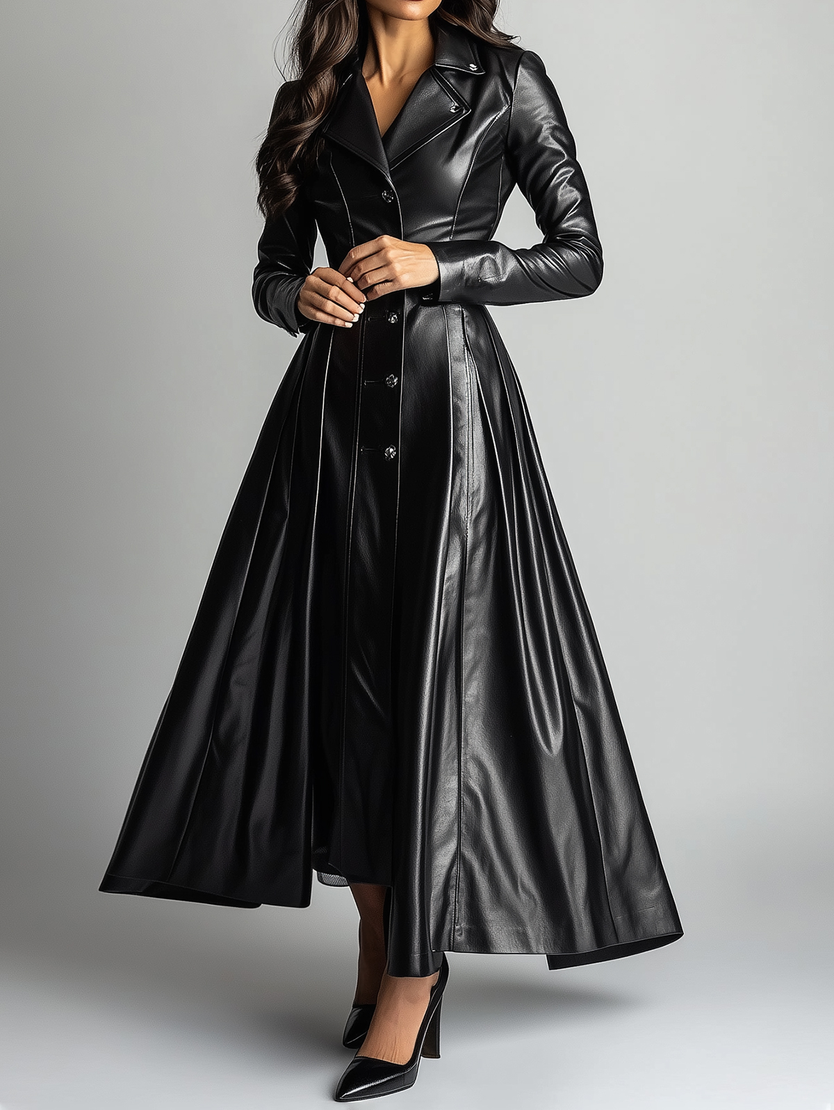 Ursime PU Leather Lapel Collar Button Pleated Maxi Coat Dress