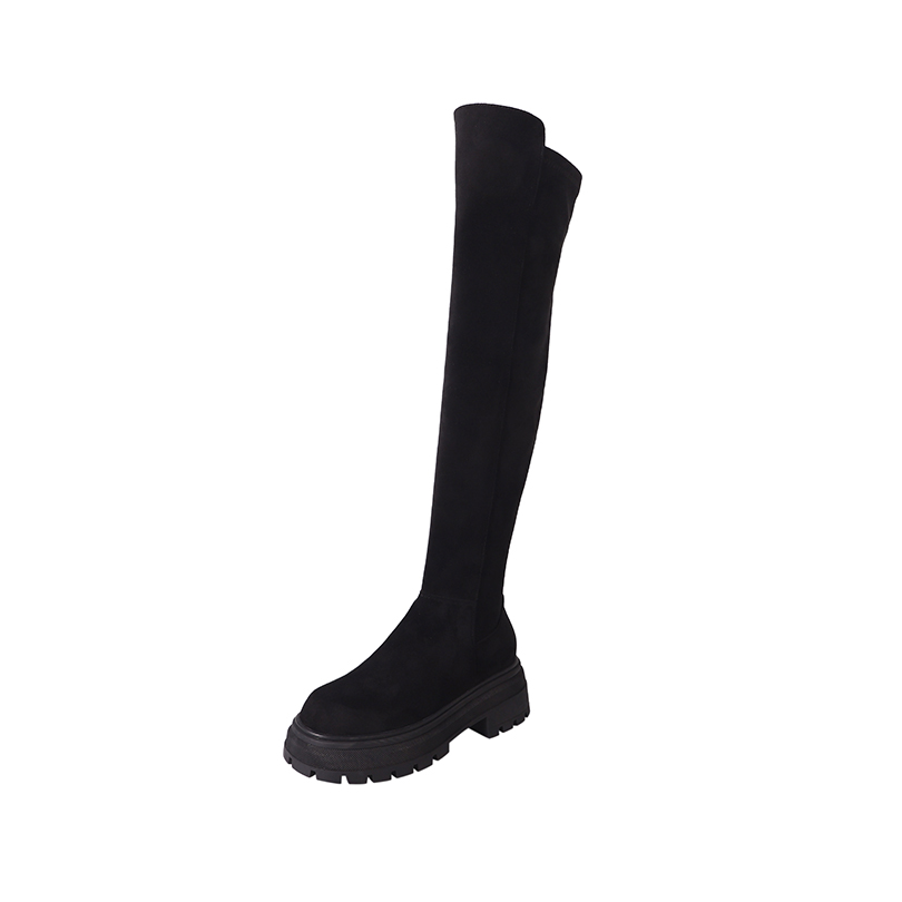 GOOSHOE Flat Bottomed Raised Sponge Cake Heels Frosted Flock Women's Over The Knee High Boots Platform Warm Long Boots